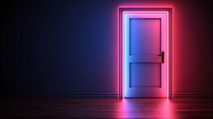 Neon-lit door in a dark room.
