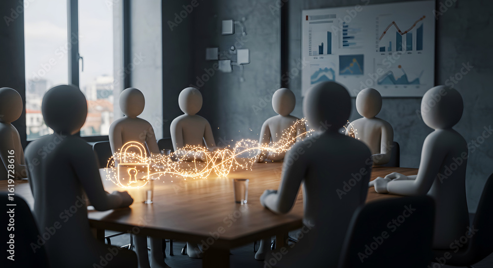 Poster digital security meeting with abstract figures around a table, glowing padlock and data stream, repr
