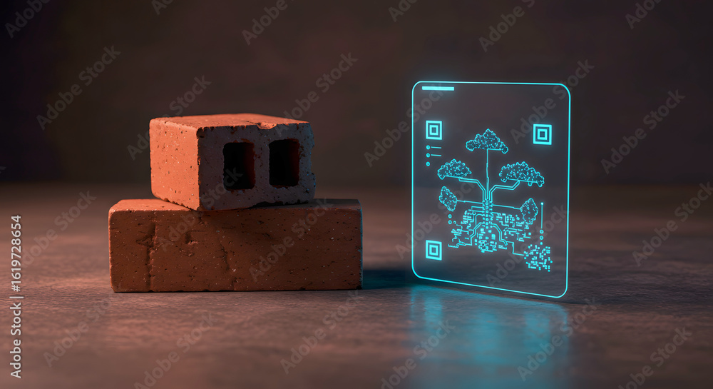 Poster conceptual image of brick and a digital circuit board with a tree-like design, symbolizing technolog