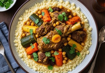 Moroccan tagine with lamb, couscous, and vegetables a rich traditional north african meal