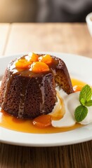 Classic sticky toffee pudding with caramel sauce and cream served warm on a white plate