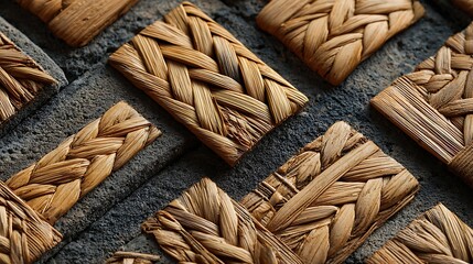 Detailed Closeup of Woven Beige and Brown Rectangles on Dark Gray Textured Background