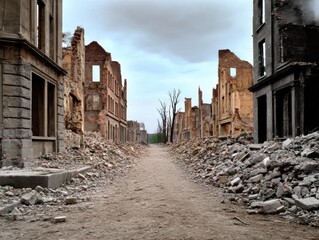 Rugged Dirt Road Surrounded by Piles of Rubble Evoking a Sense of Isolation and Nature's Untamed Beauty in a Remote Landscape Setting