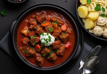 Traditional hungarian beef goulash stew with paprika and sour cream served with noodles