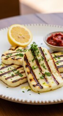 Grilled halloumi cheese with fresh parsley and lemon served as a delicious appetizer