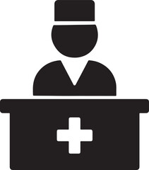 Silhouette vector EPS of pharmacist behind counter, healthcare professional serving customers in pharmacy.