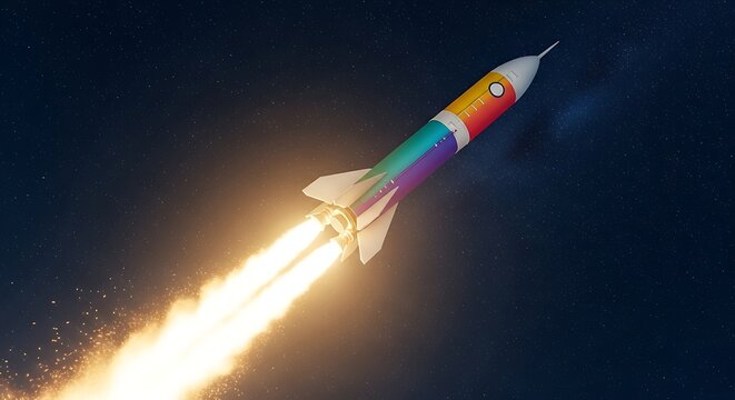 Colorful Rocket Ascending Through Starry Space with Fiery Exhaust Plumes