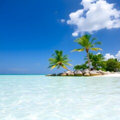 Tropical seaside view with calm water and palm lined shore
