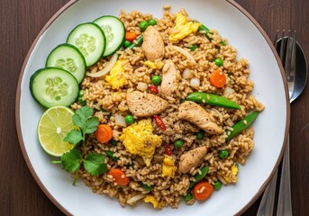 Classic thai Khao Phad Gai chicken fried rice with vegetables and egg on a ceramic plate