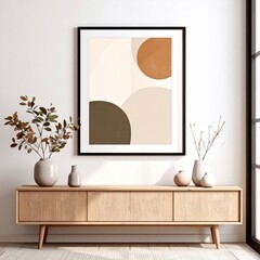 Minimalist Interior Design with Geometric Art Above Console Table and Decorative Elements