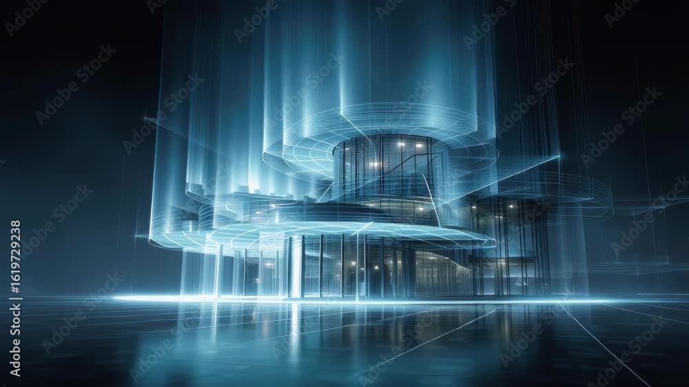Poster a modern building 3d architecture hologram simulation