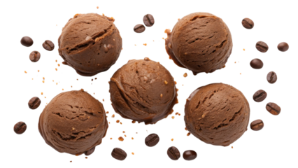 Delicious coffee ice cream scoops are surrounded by coffee beans creating delightful treat perfect for any dessert lover