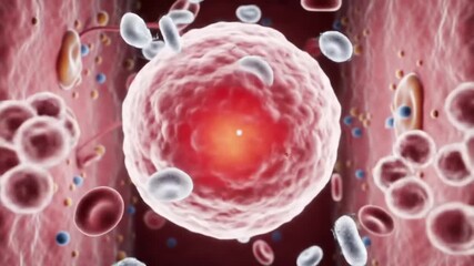 Close up view of red blood cells and a larger cell in a blood vessel illustration - Powered by Adobe