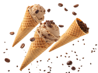 Delight in rich flavors of coffee ice cream served in crispy cones with chocolate and coffee bean toppings creating tempting treat