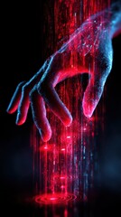 A Person's Hand Reaching Towards Vibrant Red and Blue Light Source Creating a Sense of Wonder and Intrigue in a Darkened Artistic Environment