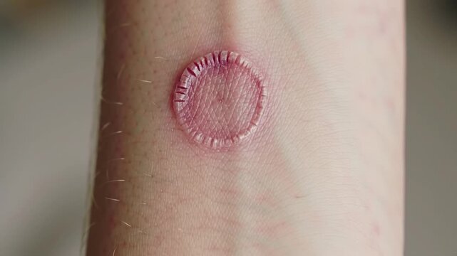 Close up of a circular red rash on a person's arm with visible skin texture and some hair follicles