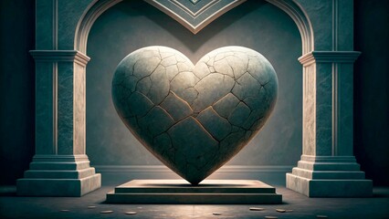 Heart-shaped stone sculpture in a grand architectural setting with dramatic lighting