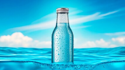 Clear glass bottle filled with refreshing water floating in calm blue ocean water under a bright sky