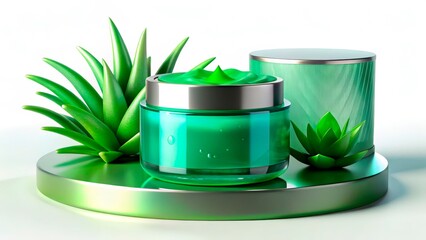 Green aloe vera skincare products on a reflective surface with succulent plants arranged artistically