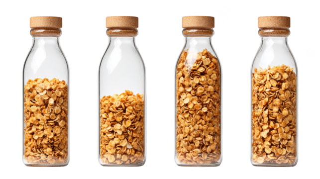 A line of four glass bottles with wooden caps, filled with varying amounts of golden-brown granola.