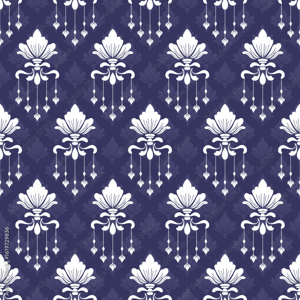Poster seamless repeating pattern with elegant white ornate floral motifs and a subtle damask background on