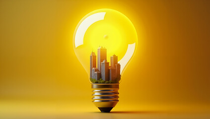 Urban illumination, A vibrant city skyline thrives within a glowing lightbulb, symbolizing innovation, growth, and the power of ideas in a modern metropolis. Perfect for illustrating smart cities or u