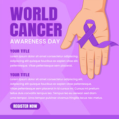World Cancer Awareness Day Poster &ndash; Flat Style Purple Ribbon and Hand Illustration