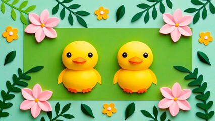 Cute yellow ducklings surrounded by colorful flowers against a green background in a playful spring setting