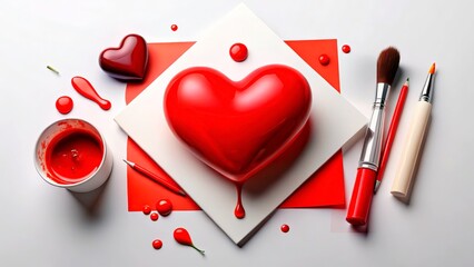 Creative heart-shaped art supplies arranged on a red background for a vibrant Valentine's Day project