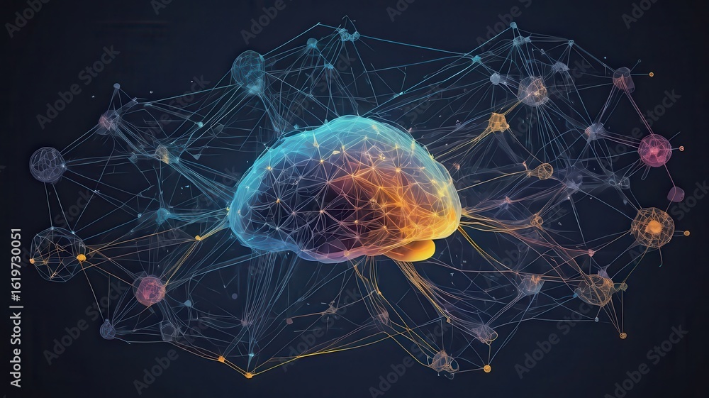 Poster a glowing brain connected to a network of nodes and lines against a dark blue background