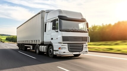 White semi-truck travels down a highway.