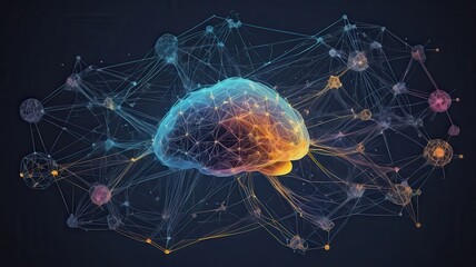 A glowing brain connected to a network of nodes and lines against a dark blue background