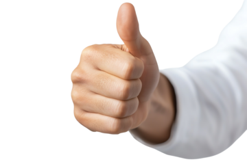A close-up of a hand giving a thumbs-up gesture on a white isolated background.