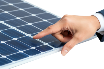 A close-up of a hand inspecting a solar panel, showcasing renewable energy solutions and sustainability. White isolated background.