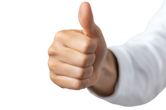 A close-up of a hand giving a thumbs-up gesture on a white isolated background.