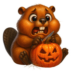 Fototapeta premium Scared beaver carving Halloween pumpkin with knife