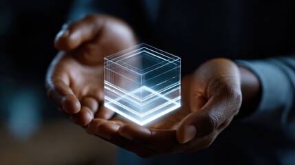 A Person Holding a Transparent Glass Cube in Their Hands Against a Soft Focus Background Evoking Mystery and Intrigue in Modern Minimalist Style