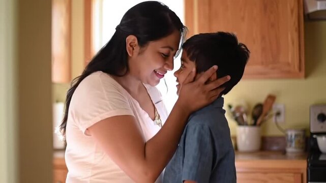 A smiling mother and son looking at each other in a kitchen with natural light coming from a window