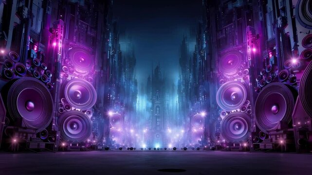 Giant speakers on a city street, blue and purple colors, cyberpunk style, urban and loud music concept