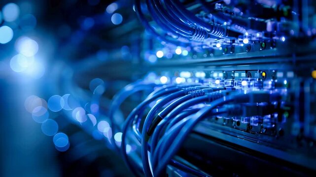 A network switch with glowing blue data cables in an internet server room