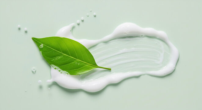 A vibrant green leaf rests on a creamy cleanser with water droplets, creating a refreshing atmosphere