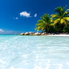 Beautiful coastal landscape with clear ocean and tropical palms
