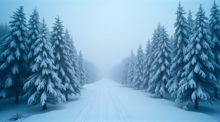 Snow-covered pine forest path disappearing into a misty winter wonderland