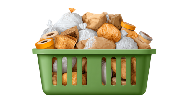 A green basket filled with different types of trash bags and waste, highlighting the importance of recycling and waste management.