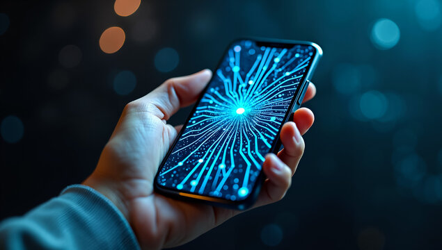 Futuristic concept of mobile technology: A hand holds a smartphone displaying a vibrant blue digital network. Ideal for illustrating innovation, connectivity, data science, or the Internet of Things