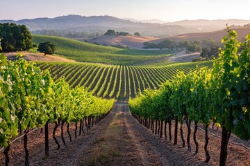 Fototapeta premium Lush vineyard rows stretch towards a hazy mountain range at dawn
