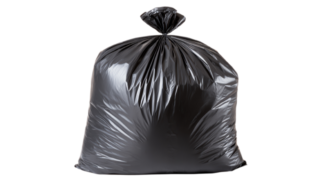 A large black garbage bag filled with waste, isolated on a white background.