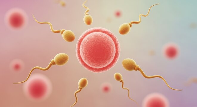 3D Illustration of Human Sperm Approaching Egg Cell &ndash; Fertilization and Reproduction Concept