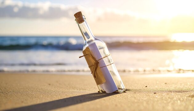 Message in a bottle on the beach at sunrise