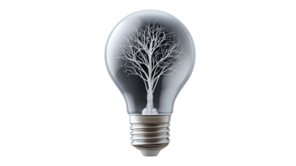 A light bulb with a tree inside, symbolizing innovation and sustainability, white isolate background.